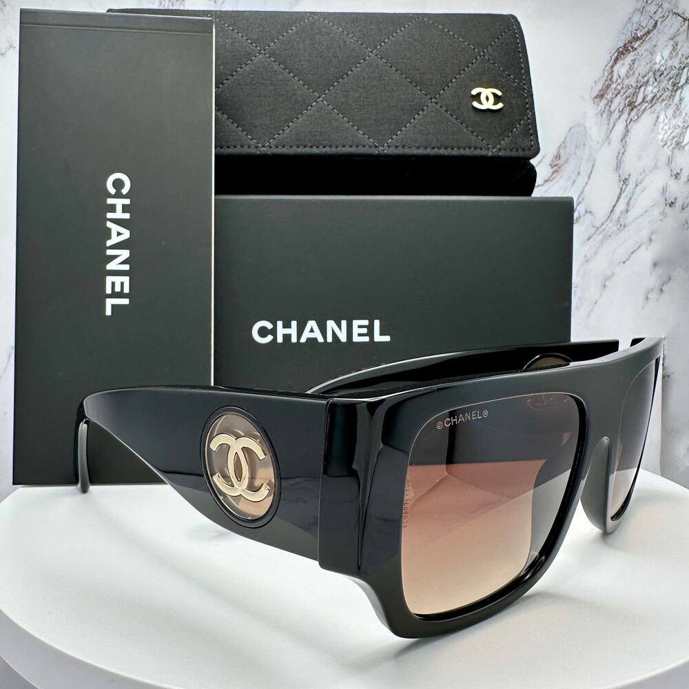 CHANEL Sunglasses Black Square Shield Gold CC Gradient Brown Lens - Picture 2 of 16